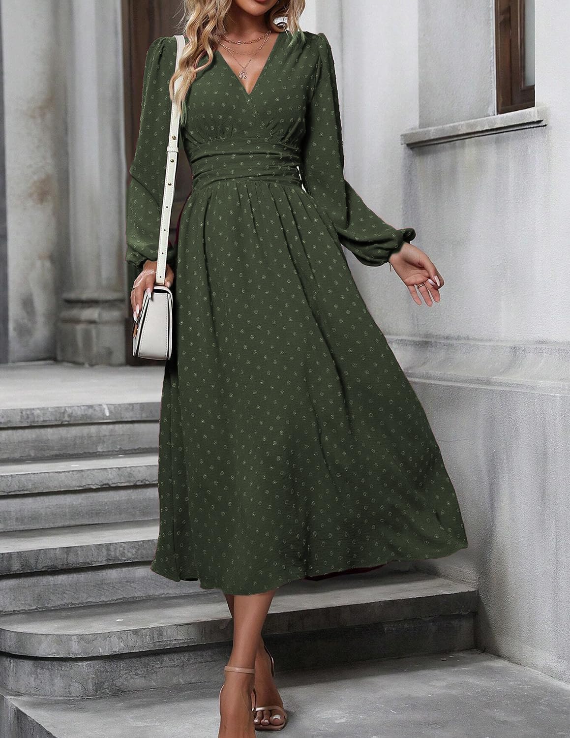 Vestito Donna Tierra Pois – Taglio A-Line, Scollo a V, Vita Alta Plissettata Elegante