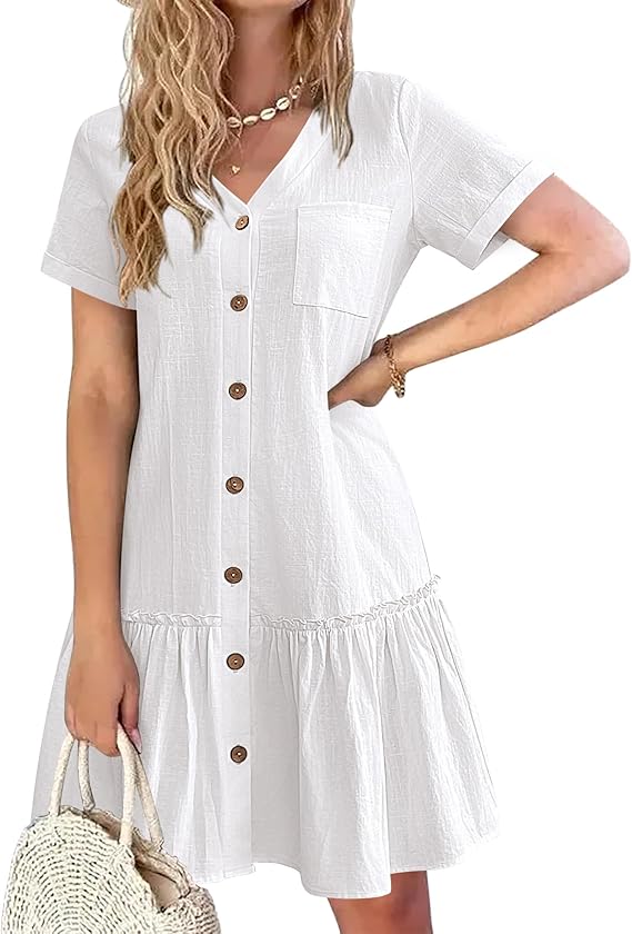 Robe Tianka Mulher – Algodão & Linho, Decote em V & Corte Largo com Botões Verão Elegante