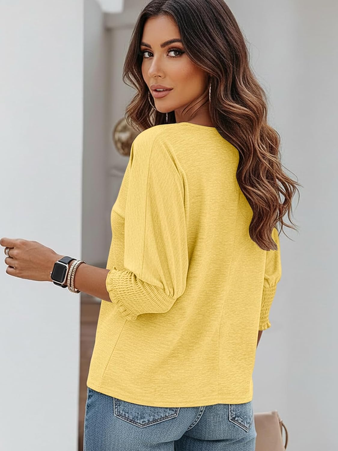 Fresia Women's Blouse Round Neck – Elegant Flowing Cut Top with 3/4 Gathered Sleeves