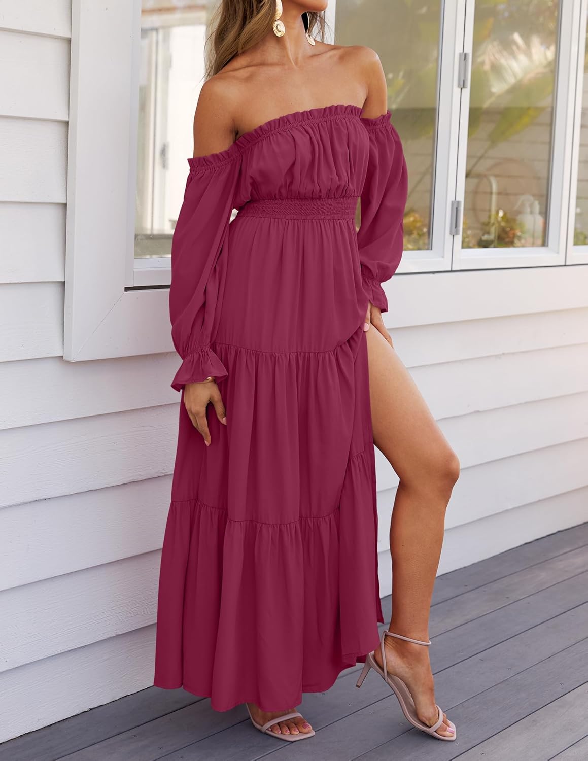 Sukienka maxi Sophie damska – sukienka boho z odkrytymi ramionami, rozcięciem i marszczoną talią