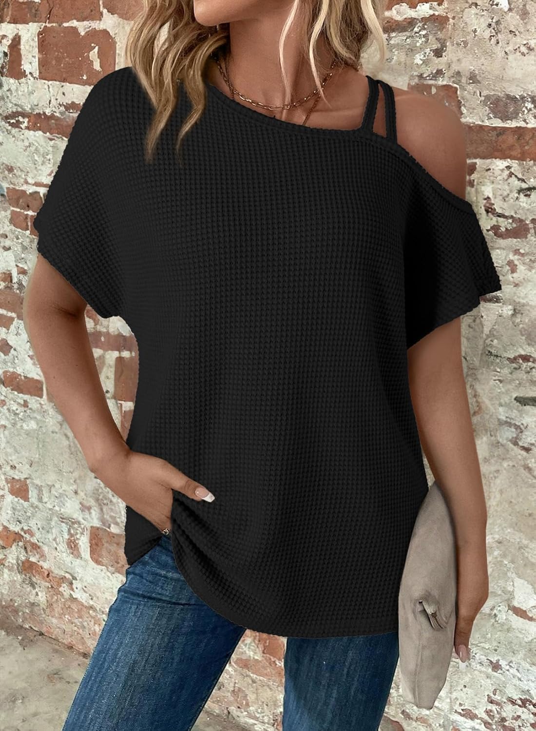 Dorothea top til kvinder med bare skuldre – T-shirt med vaffelmønster og krydsede stropper
