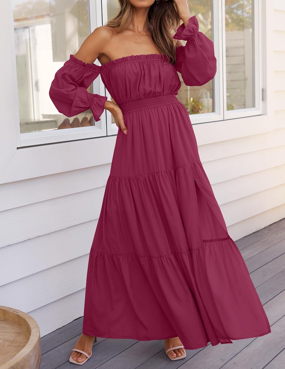 Sukienka maxi Sophie damska – sukienka boho z odkrytymi ramionami, rozcięciem i marszczoną talią