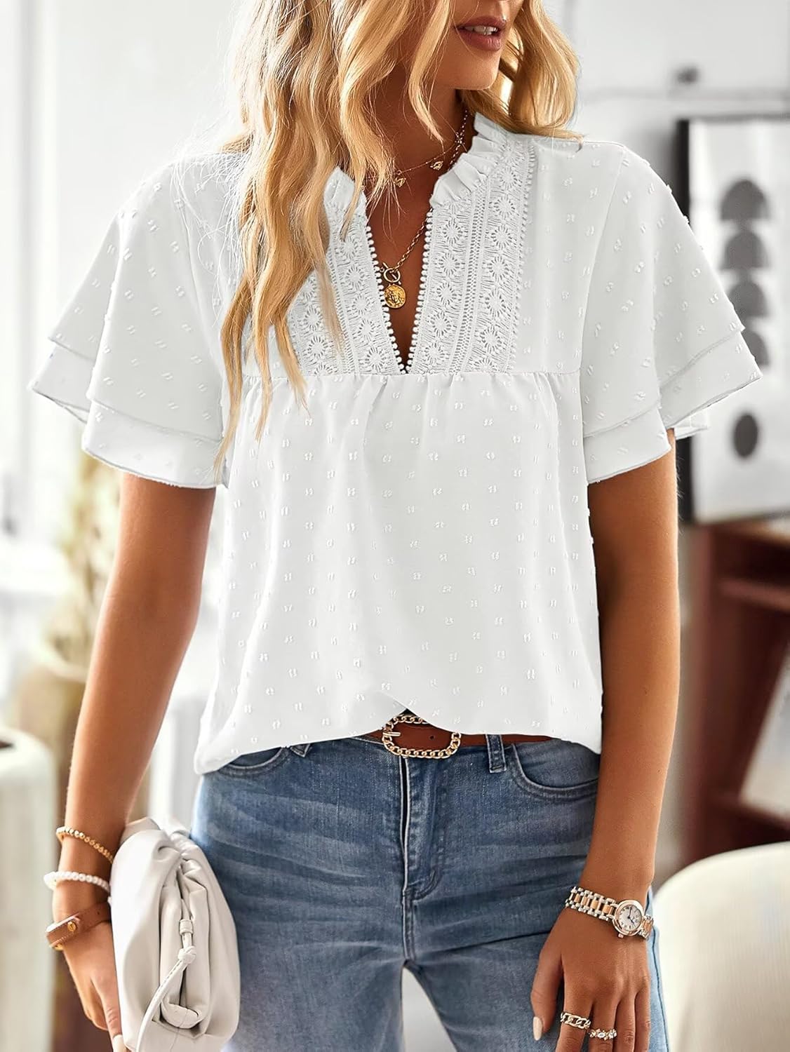 Sofia Haut Femme Été – Blouse Bohème Chic Col V en Dentelle Crochet avec Manches Courtes