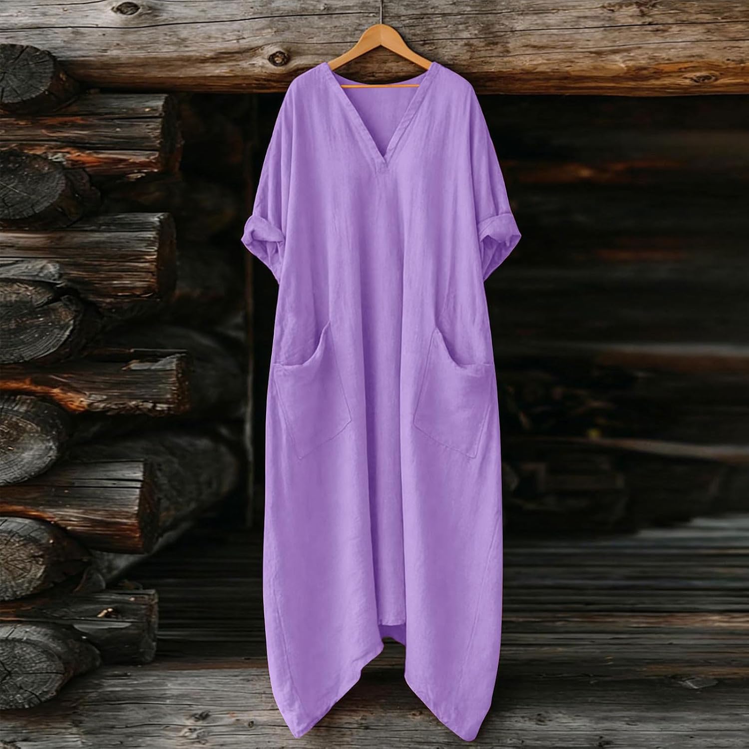 Mila kjole til kvinder – maxi linnedkjole med V-hals, 3/4 ærmer, A-formet oversize pasform, sommer