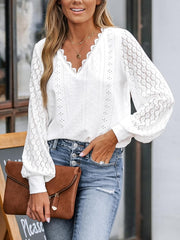 Élina Blouse Dentelle Femme – Top Col V Élégant Manches Longues Chic