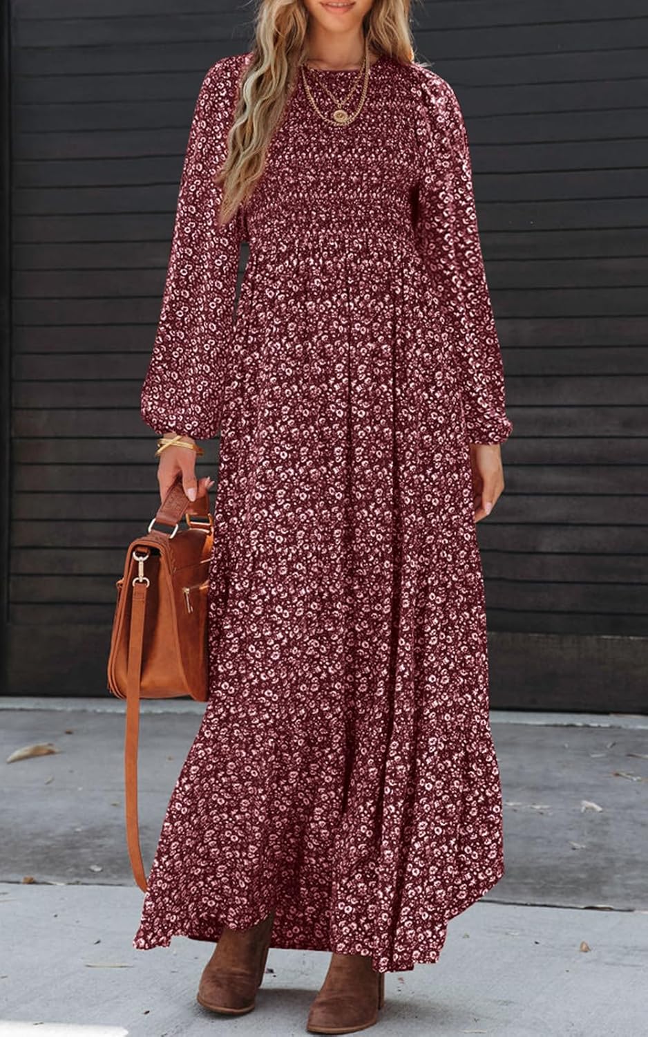 Sophie Robe Maxi Femme – Robe Fleurie Smockée Manches Longues Bohème Élégante