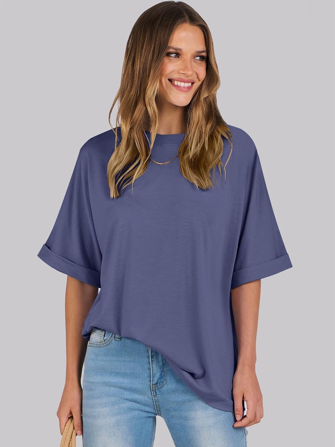 Laura T-Shirt Damen Oversize – Tunika Rundhalsausschnitt Kurzarm Top Sommer Schick