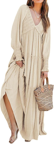 Eva Robe Maxi Femme – Robe Bohème Col V Manches Longues Smockée Volants