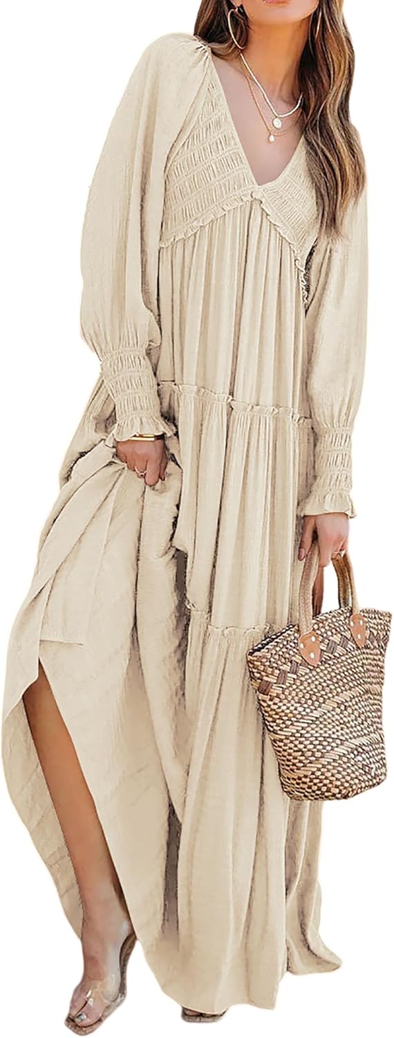 Eva Robe Maxi Femme – Robe Bohème Col V Manches Longues Smockée Volants