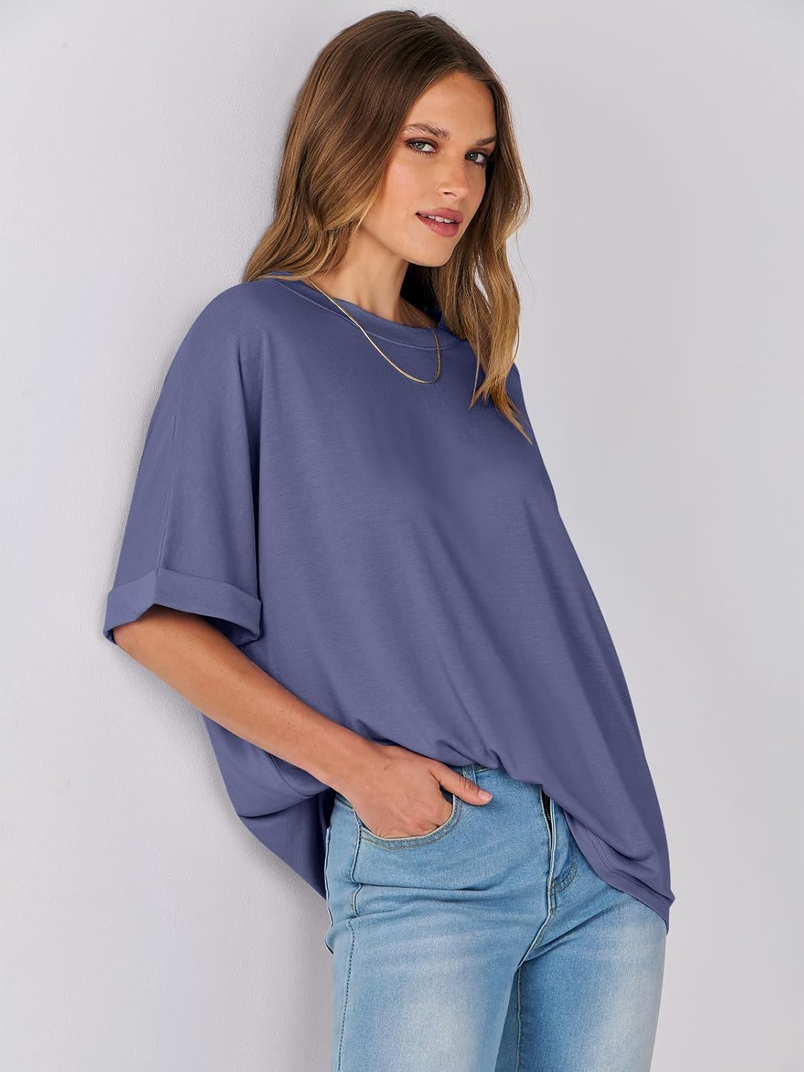 Laura T-Shirt Damen Oversize – Tunika Rundhalsausschnitt Kurzarm Top Sommer Schick