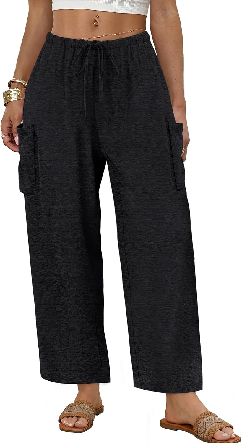 Maja Women's Pants – Large Flowing Palazzo with Elastic Waist & Pockets Summer