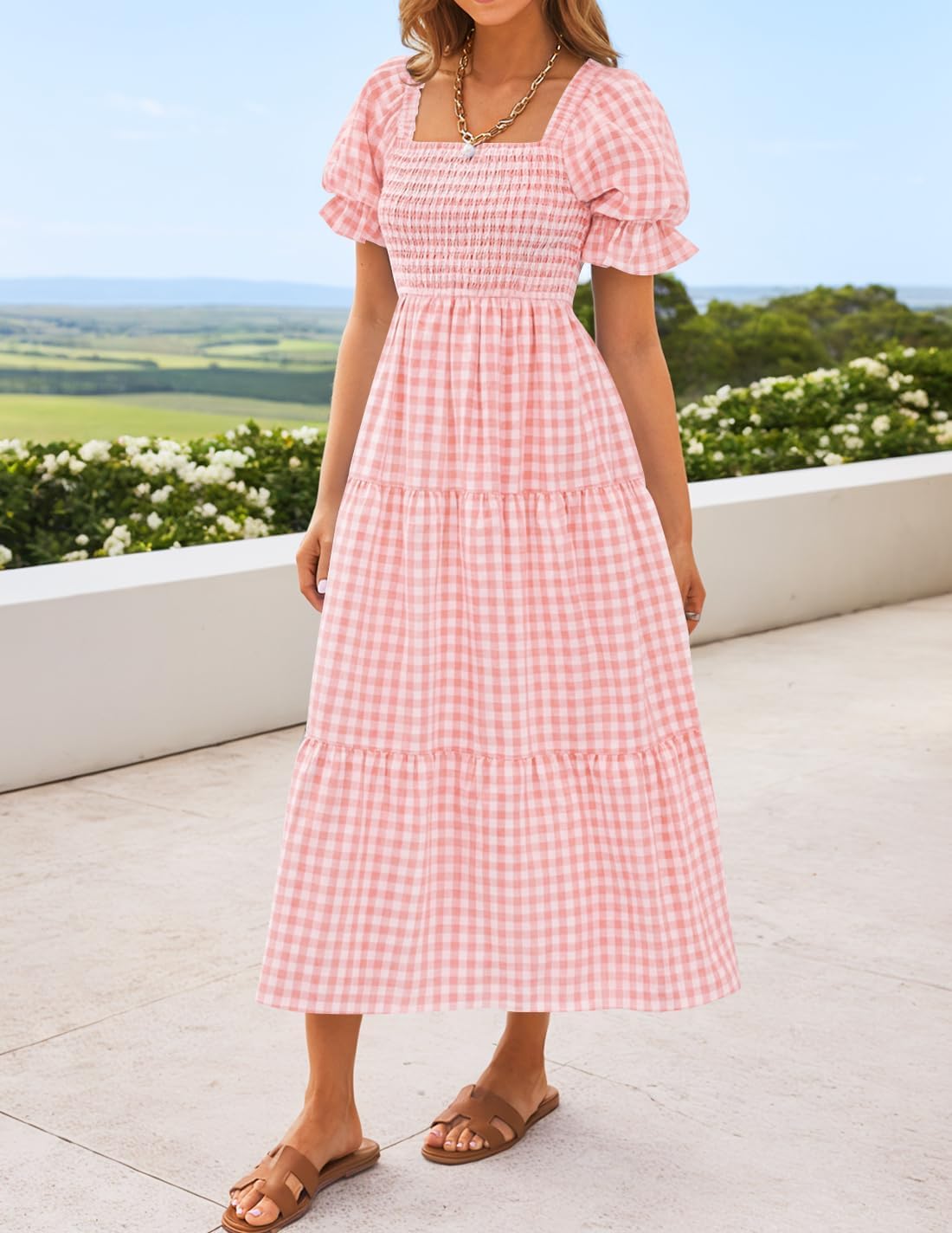 Vestido Bohemio Sophie para Mujer – Vestido Midi con Escote Cuadrado y Mangas Abullonadas, Verano Elegante