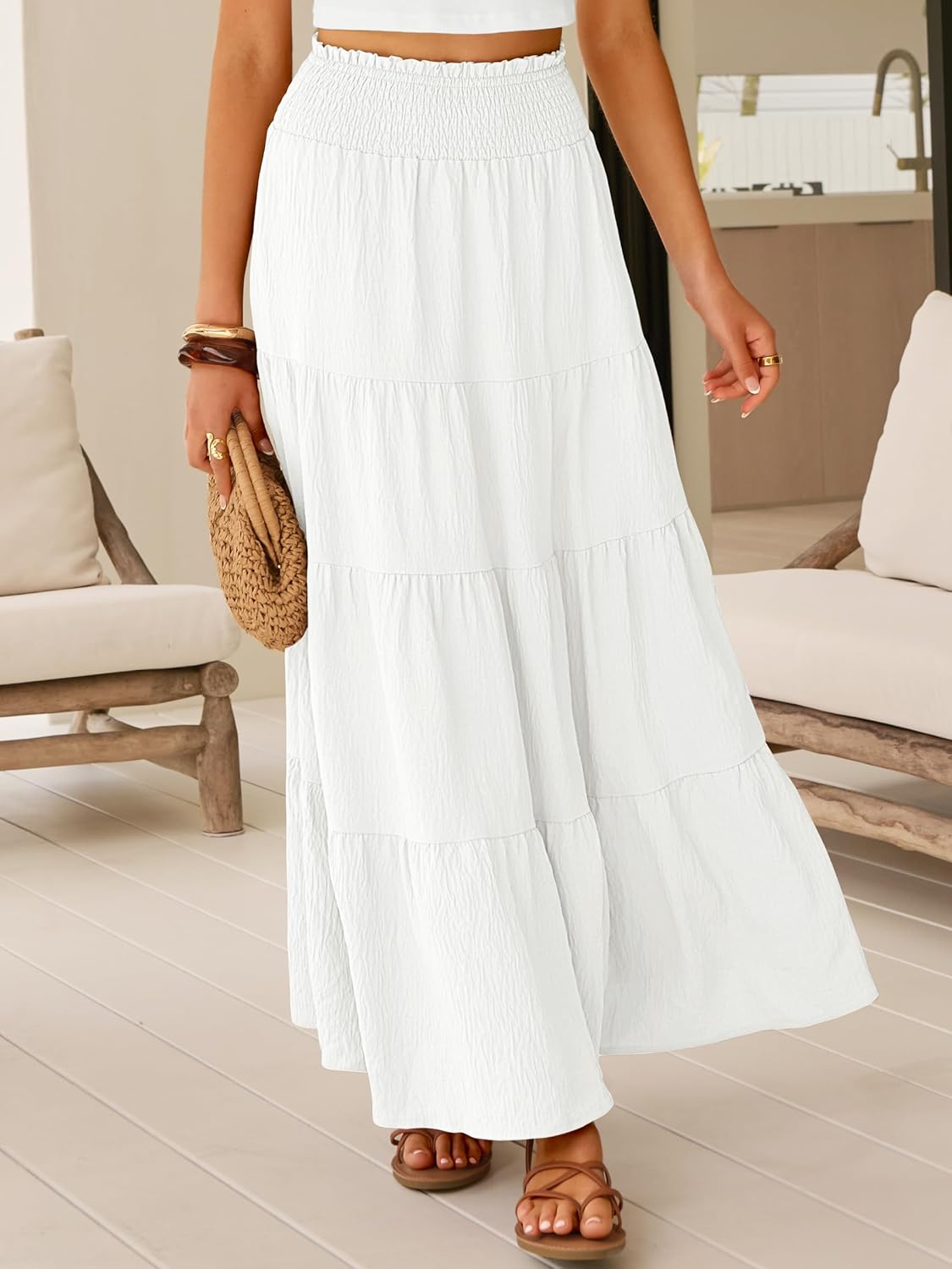 Juna Falda Maxi Mujer – Falda Bohemia Cintura Alta Fruncida y Volantes Verano
