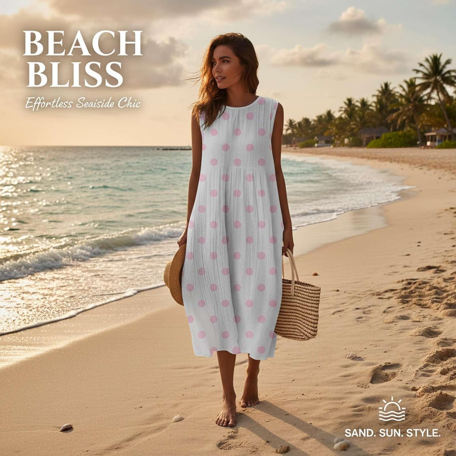 Vestido Elena Mulher – Vestido Midi de Linho Floral Gola Redonda Sem Mangas Bolsos Boémio Verão
