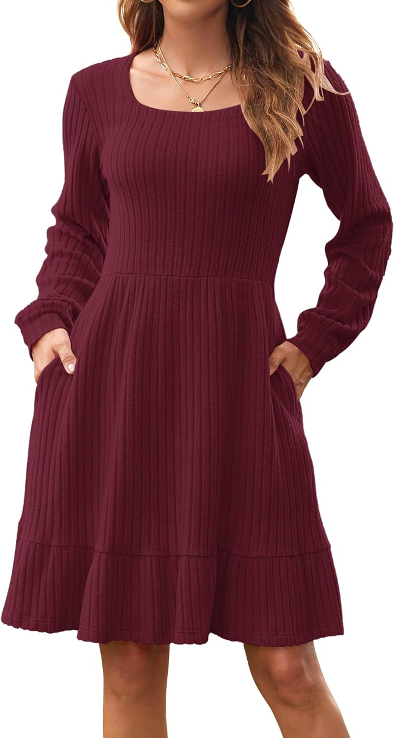 Élise Robe Pull Femme – Robe Maille Col Carré Manches Longues Automne Hiver