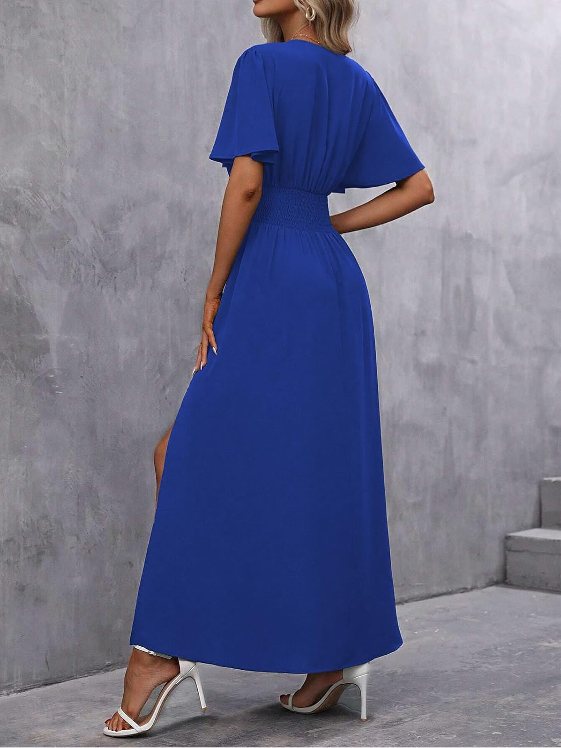 Vestido Elena para mujer – Vestido maxi plisado con escote en V, cintura alta, abertura elegante para verano