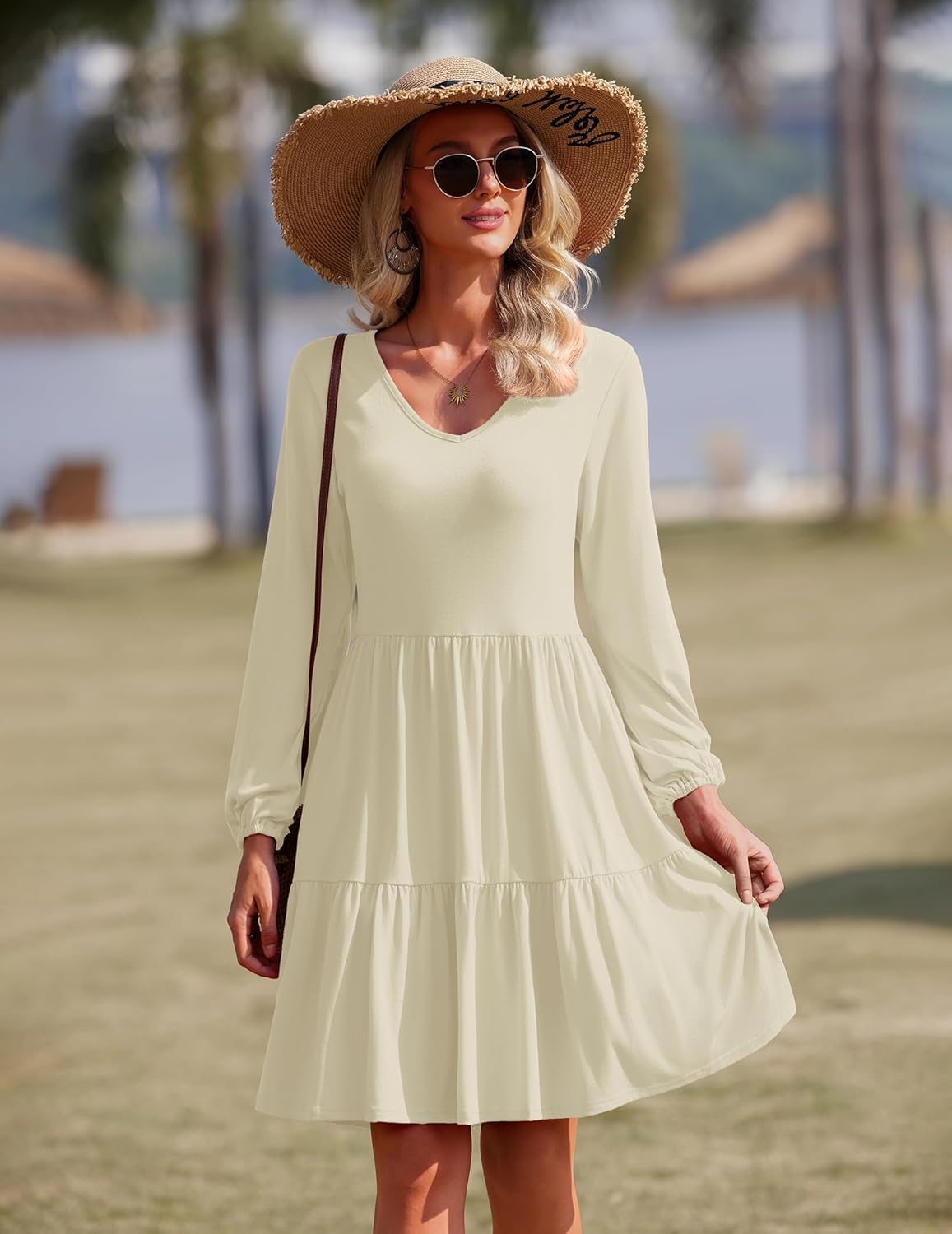 Charlotte Elegantes Damenkleid – Midikleid mit V-Ausschnitt, langen Puffärmeln und Taschen