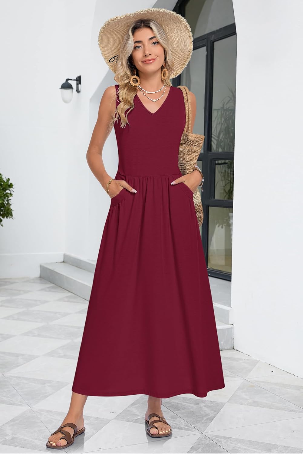 Faye Robe Maxi Femme Été – Robe Longue Col V Sans Manches, Coupe A-Line & Poches