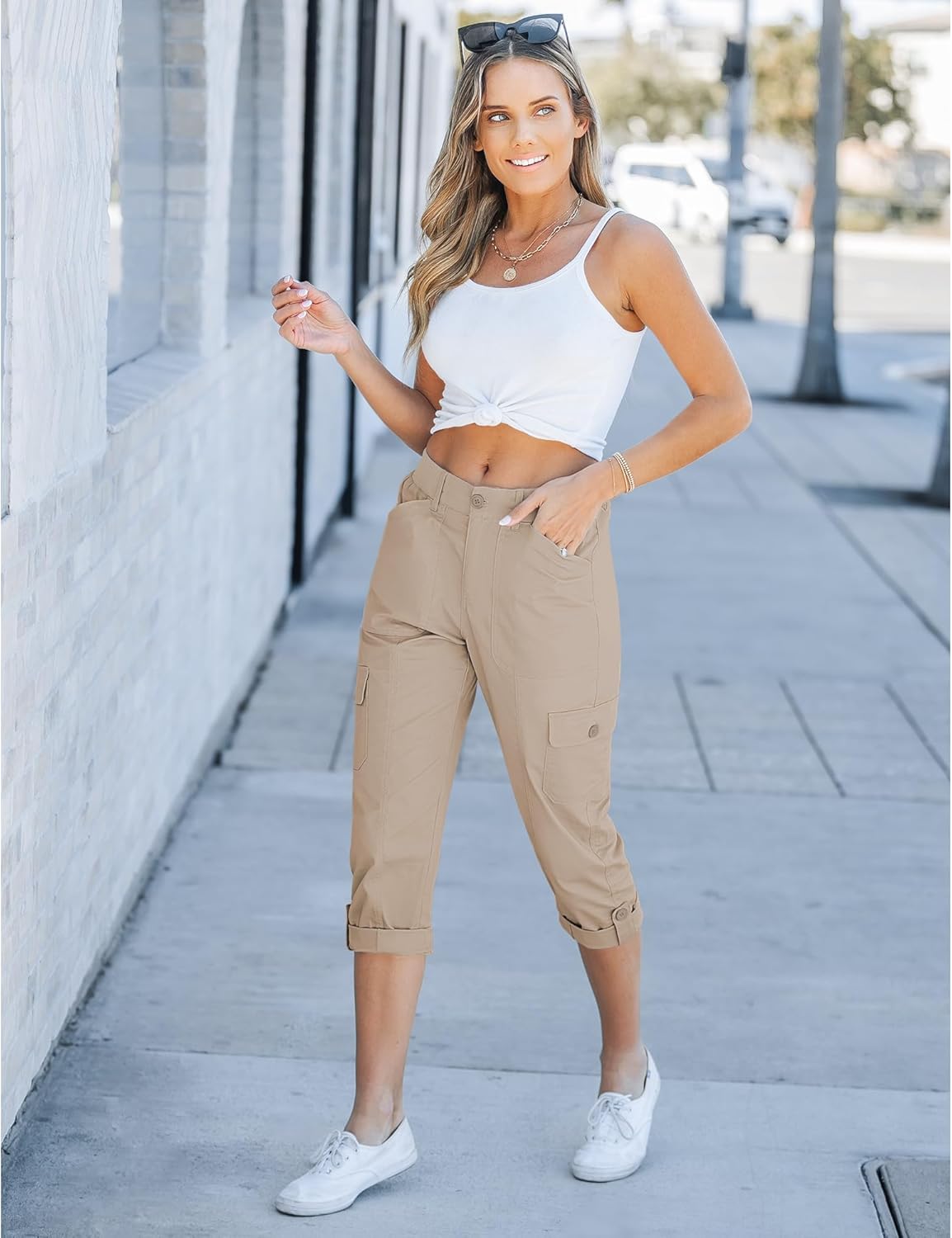 Laurice Damenhose Cargo Capri – Hoher elastischer Bund, Viele Taschen, Lässig