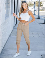 Laurice Damenhose Cargo Capri – Hoher elastischer Bund, Viele Taschen, Lässig