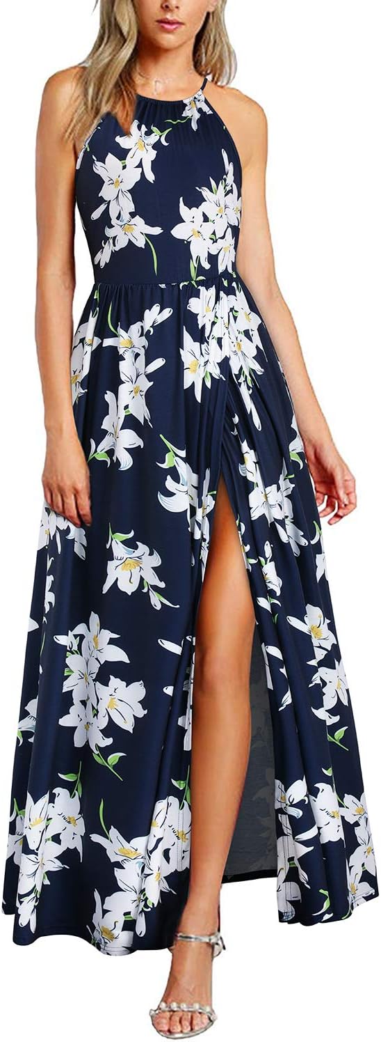 Valentina Abito Donna – Abito Maxi Floreale Fluido con Scollo Halter e Tasche Elegante Estate