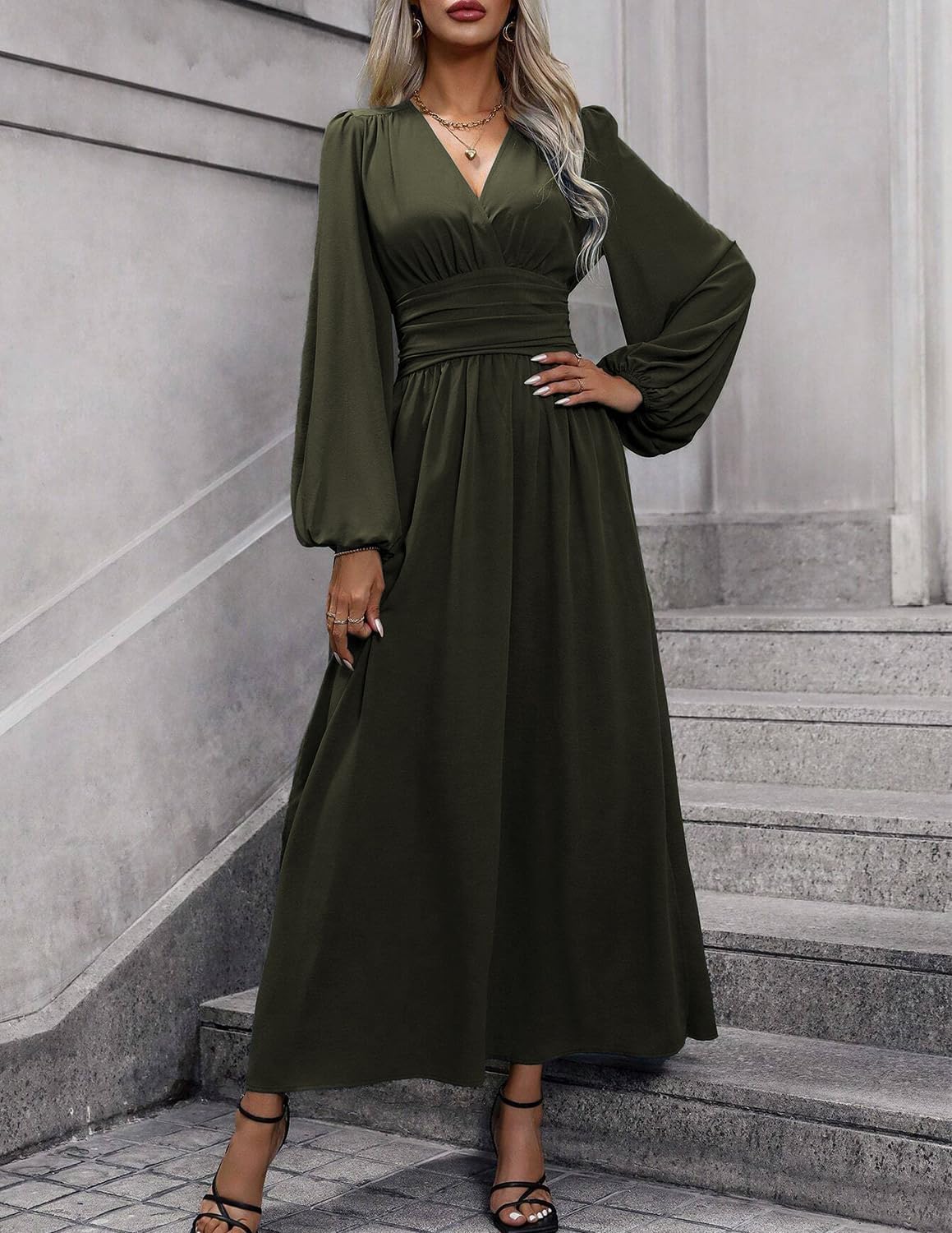 Éliana Robe Longue Femme – Robe Élégante à Col V, Taille Haute et Manches Lanterne