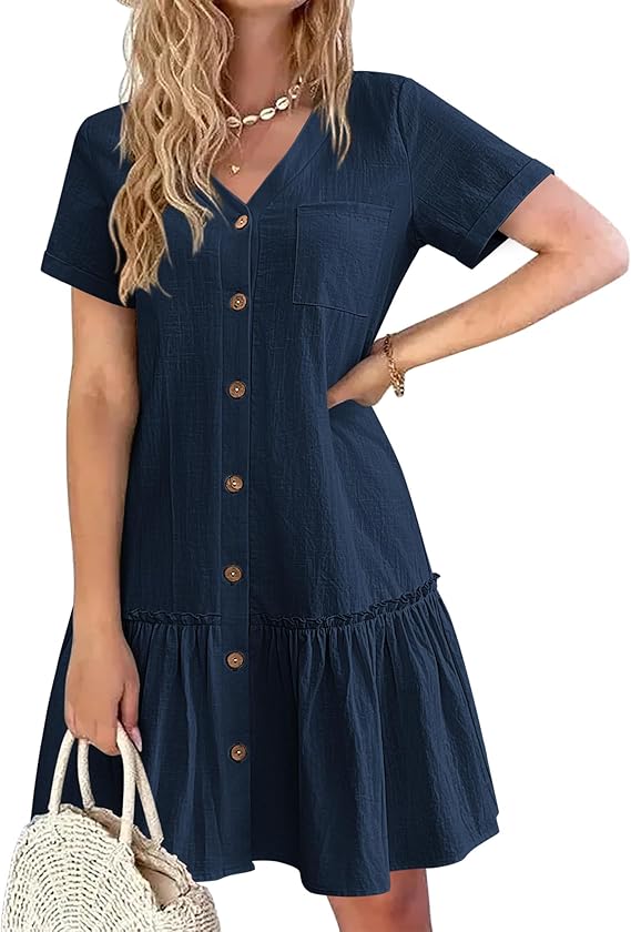 Robe Tianka Mulher – Algodão & Linho, Decote em V & Corte Largo com Botões Verão Elegante