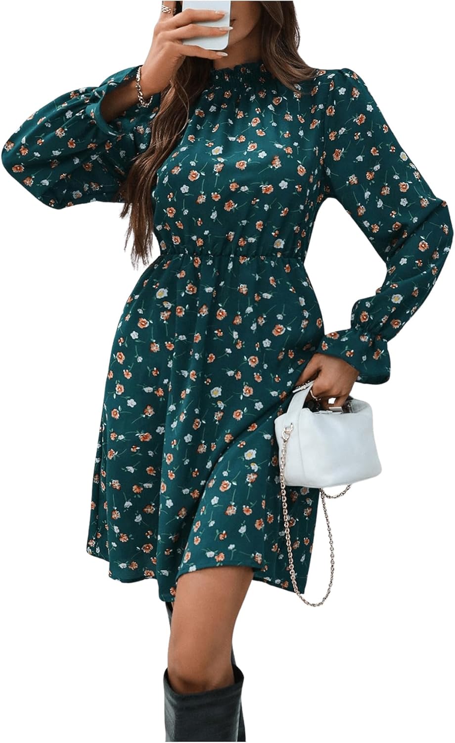 Vestido Curto Feminino Élise – Vestido Floral com Gola Alta e Folhos, Corte A-Line Elegante