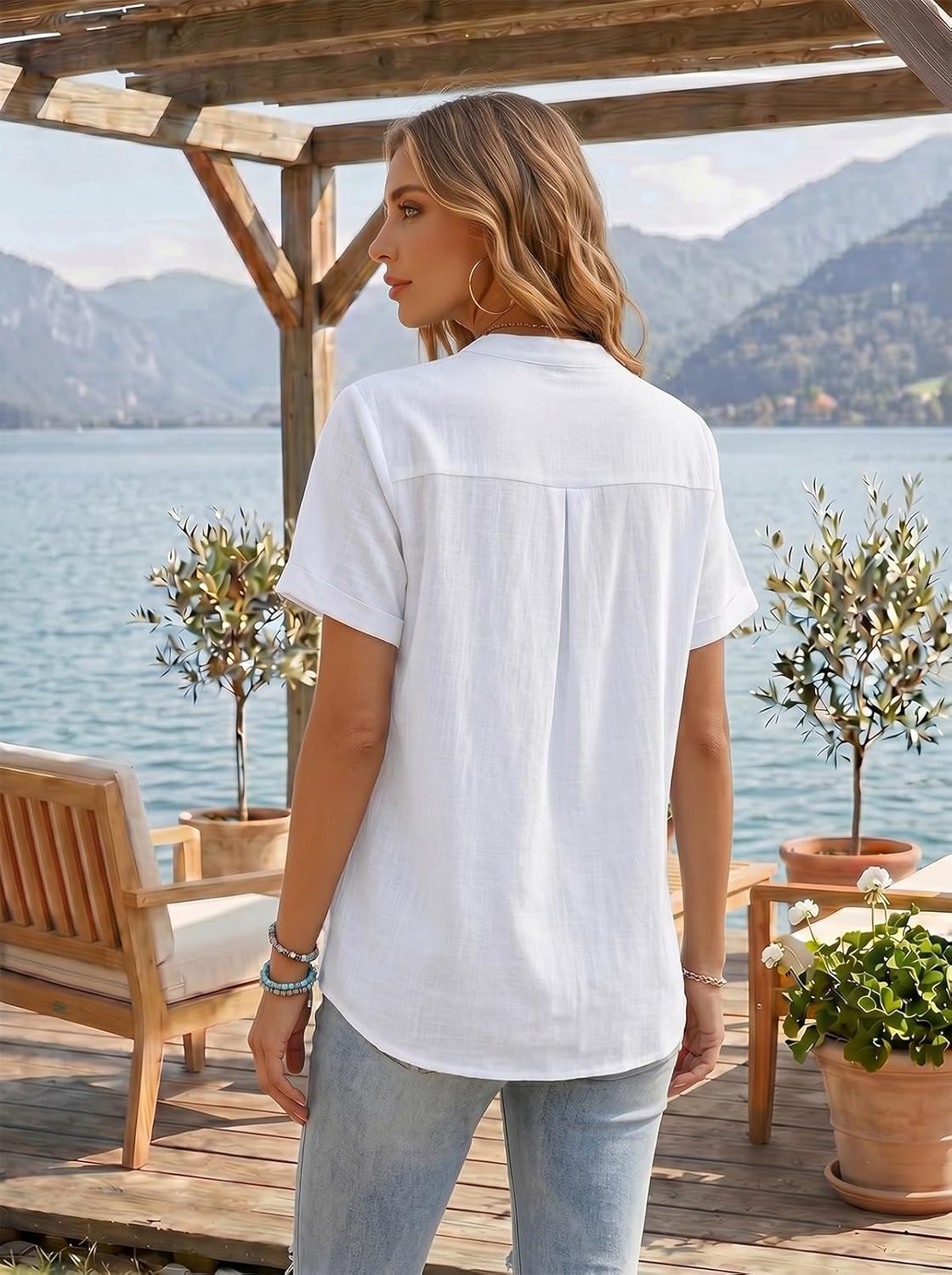 Sophie Bluse Dame Bomuld – Top med V-hals Henley Korte Ærmer Elegant Sommer