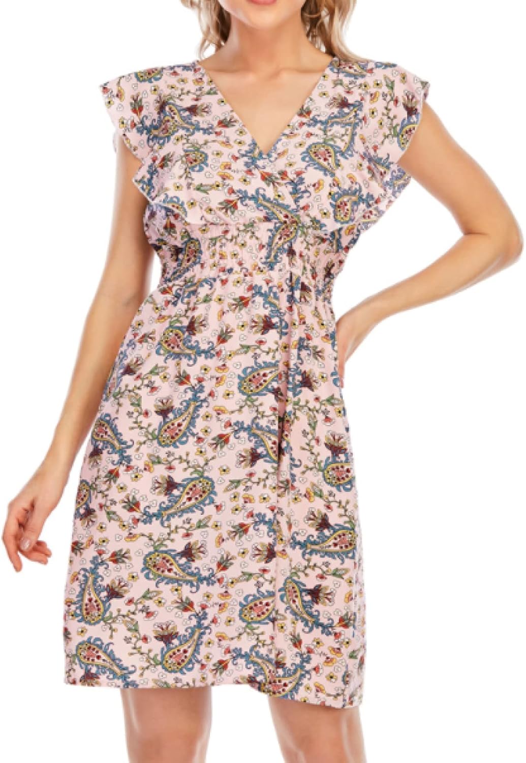 Chloé Sukienka Mini Damska – Sukienka z muślinu w kwiaty, dekolt w serek, falbany, bez rękawów, różowa