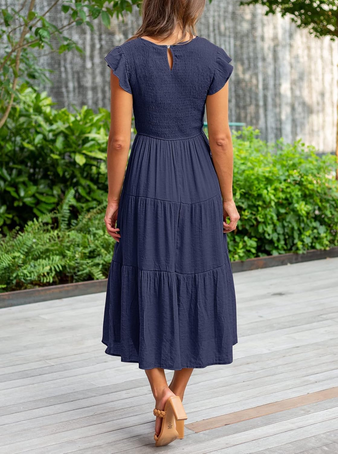 Louise Robe Midi Femme – Robe Été Smockée Manches Volantes Coupe A-Line Élégante
