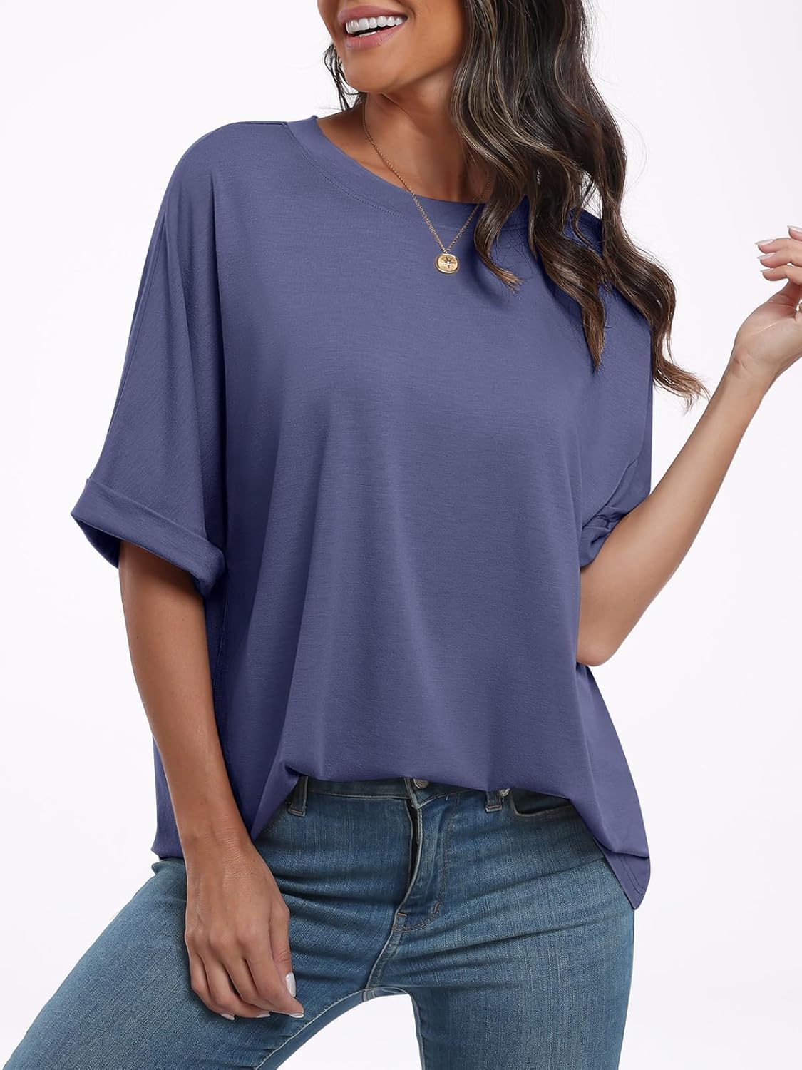 Laura T-Shirt Damen Oversize – Tunika Rundhalsausschnitt Kurzarm Top Sommer Schick