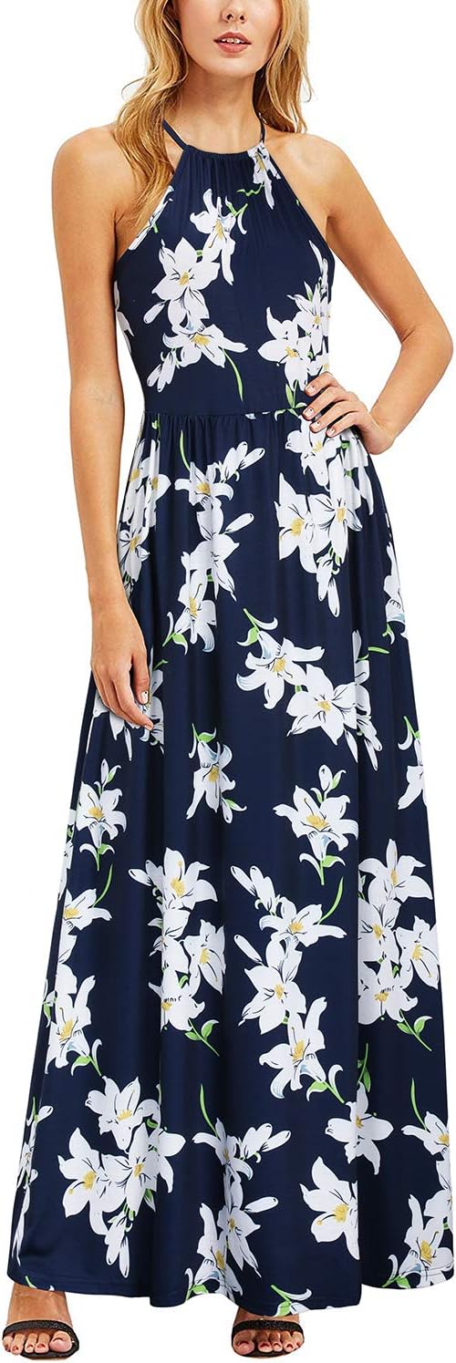 Valentina Abito Donna – Abito Maxi Floreale Fluido con Scollo Halter e Tasche Elegante Estate