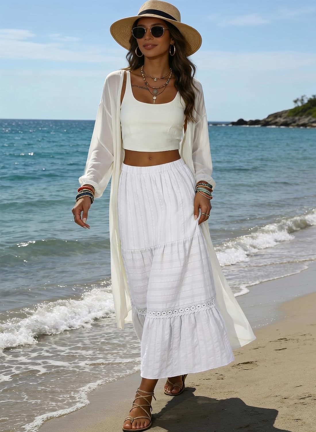 Falda Maxi Breilla para Mujer – Falda Bohemia de Algodón, Encaje de Crochet y Fluida