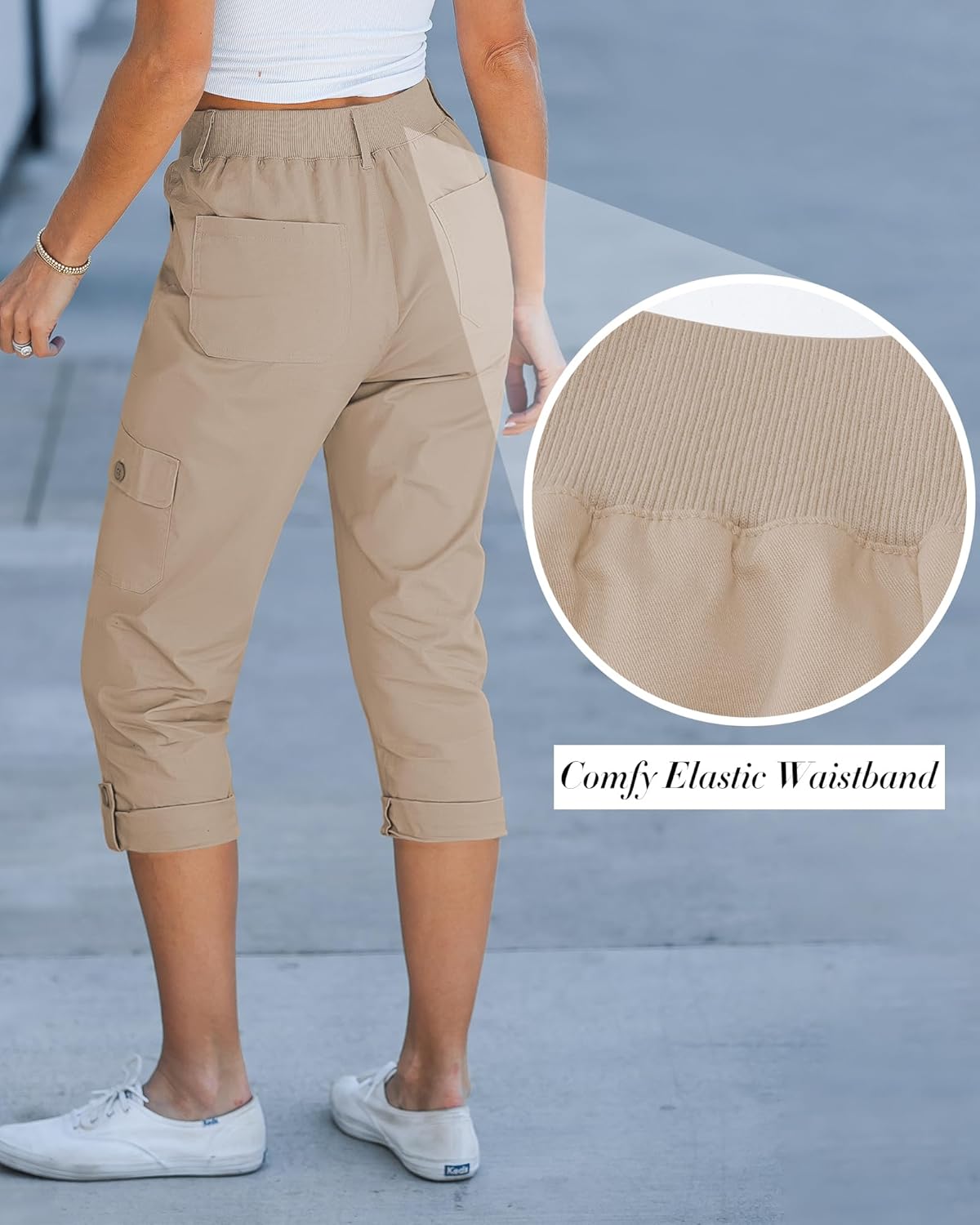 Laurice Damenhose Cargo Capri – Hoher elastischer Bund, Viele Taschen, Lässig