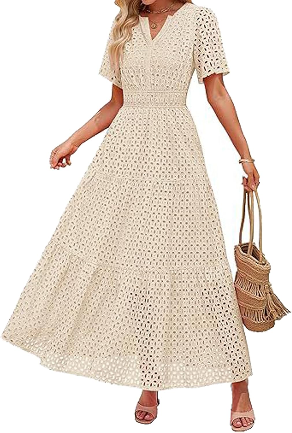 Clara Women's Dress – Maxi Dress with English Embroidery, V-Neck, High Waist, Bohemian Summer