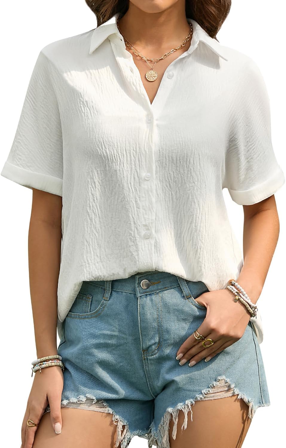 Sophie Camisa Mulher Verão – Blusa com Botões, Gola em V, Mangas Curtas Elegante