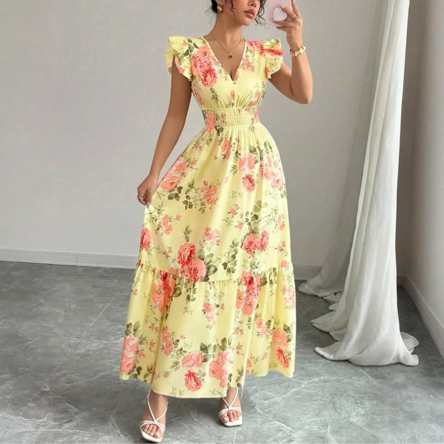 Sukienka Camille damska – sukienka maxi w kwiaty z dekoltem w serek, falbaniaste rękawy, taliowana gumką, letnia