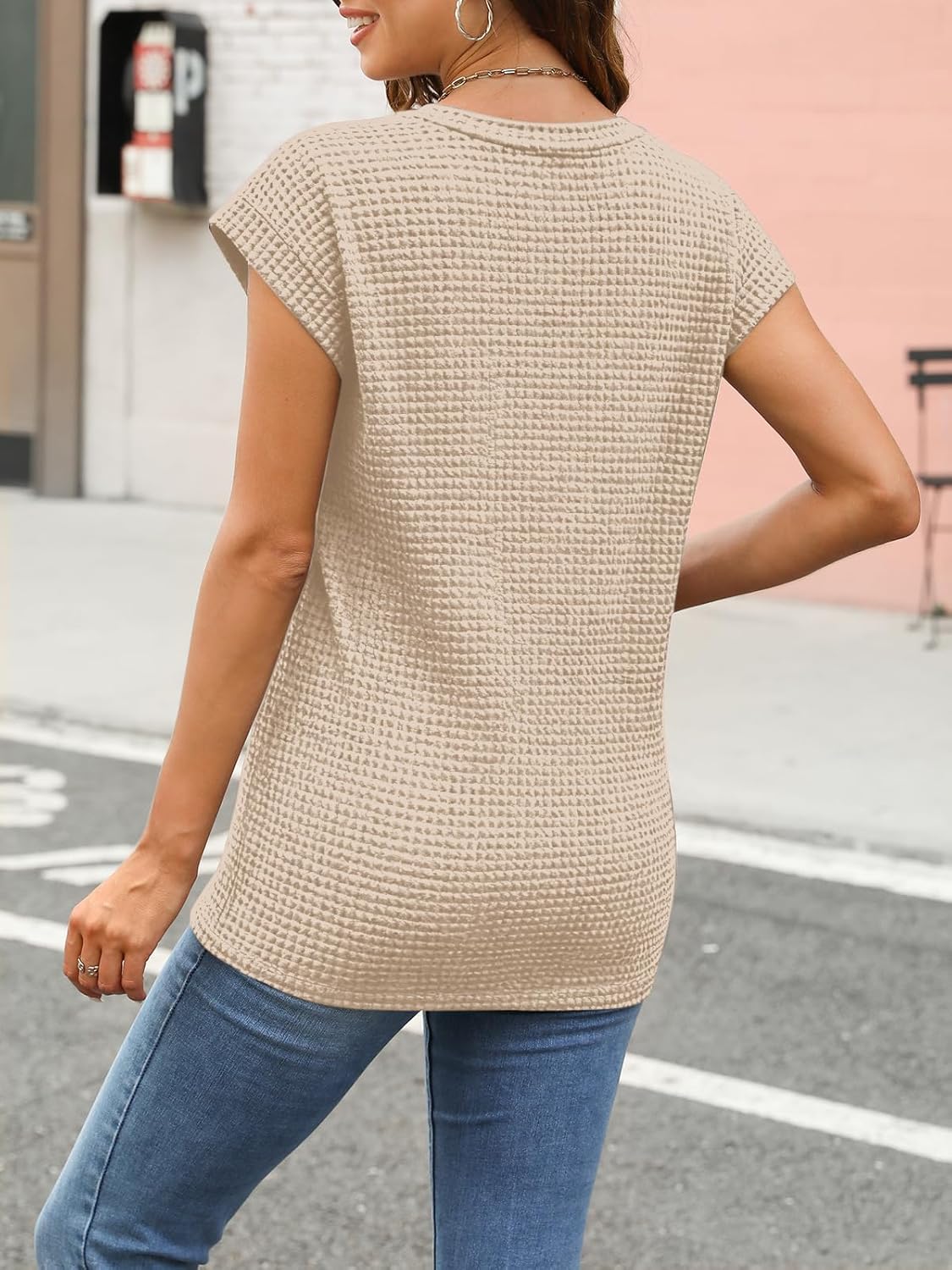 Clarita Top Femme Maille Texturée – T-Shirt Élégant à Manches Capes