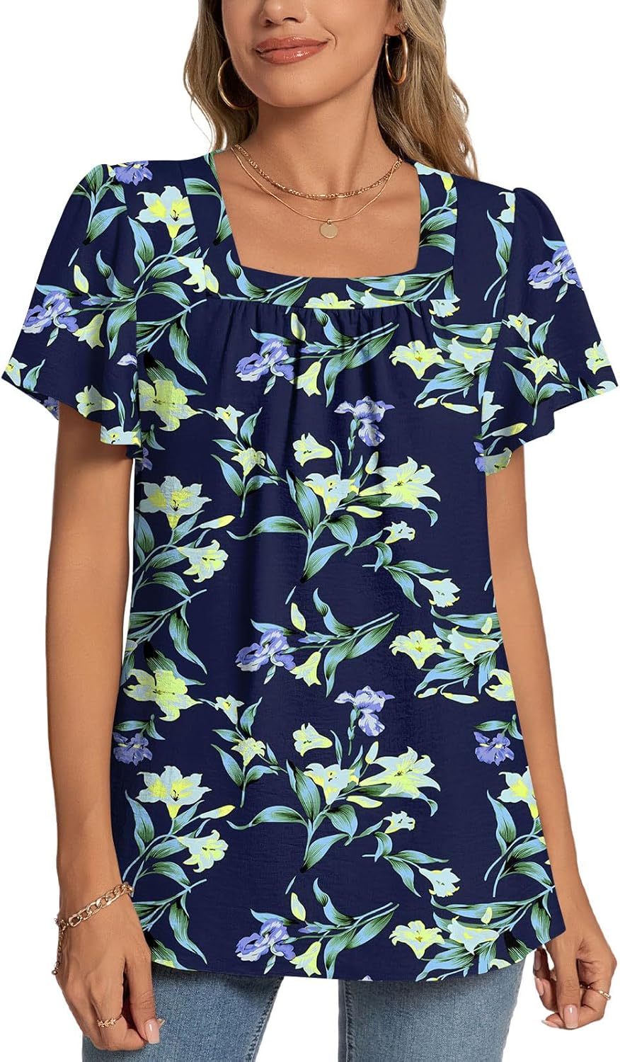 Éva Blouse Femme – Haut Élégant à Col Carré et Manches Pétales