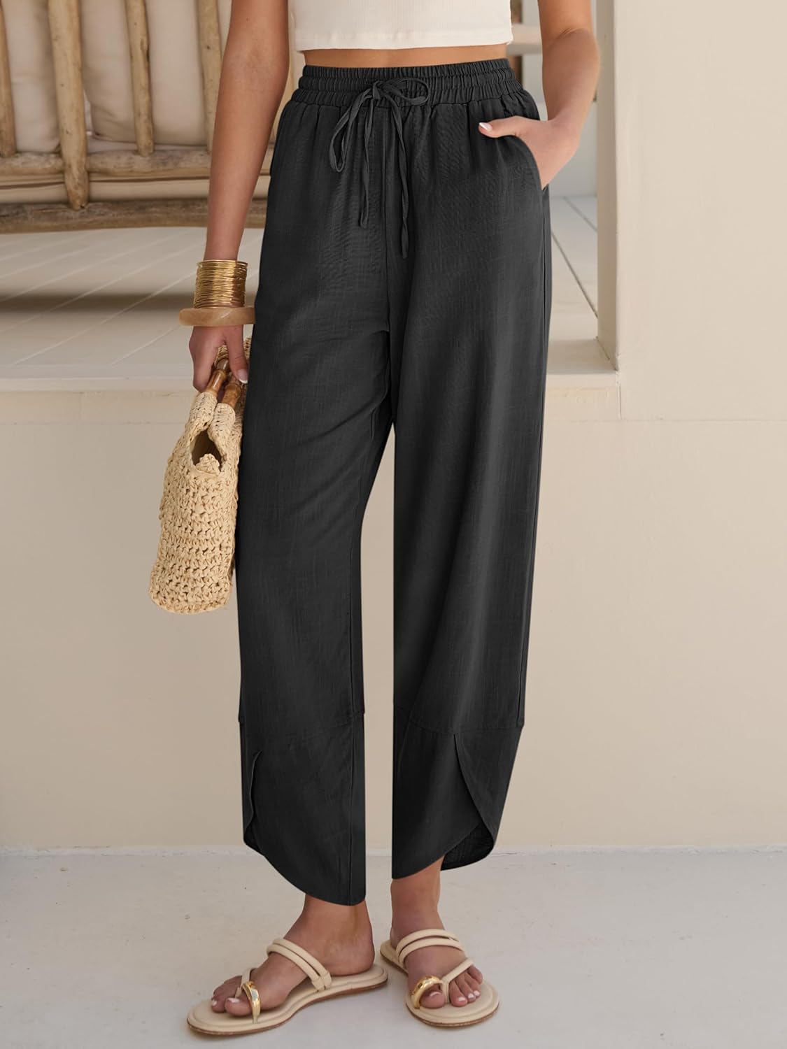 Vivian Pantalon Femme – Capri Palazzo Large Taille Élastique & Poches Été