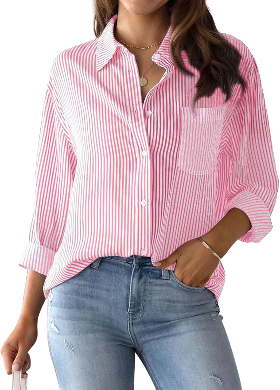 Julie Camisa Mujer a Rayas – Blusa de Algodón con Cuello en V y Botones Elegante Casual