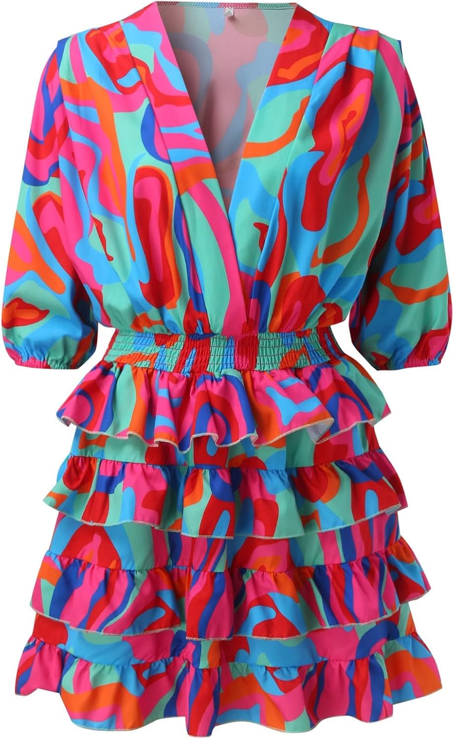 Amélia Robe Femme à Col V – Robe Fluide à Volants et Taille Haute