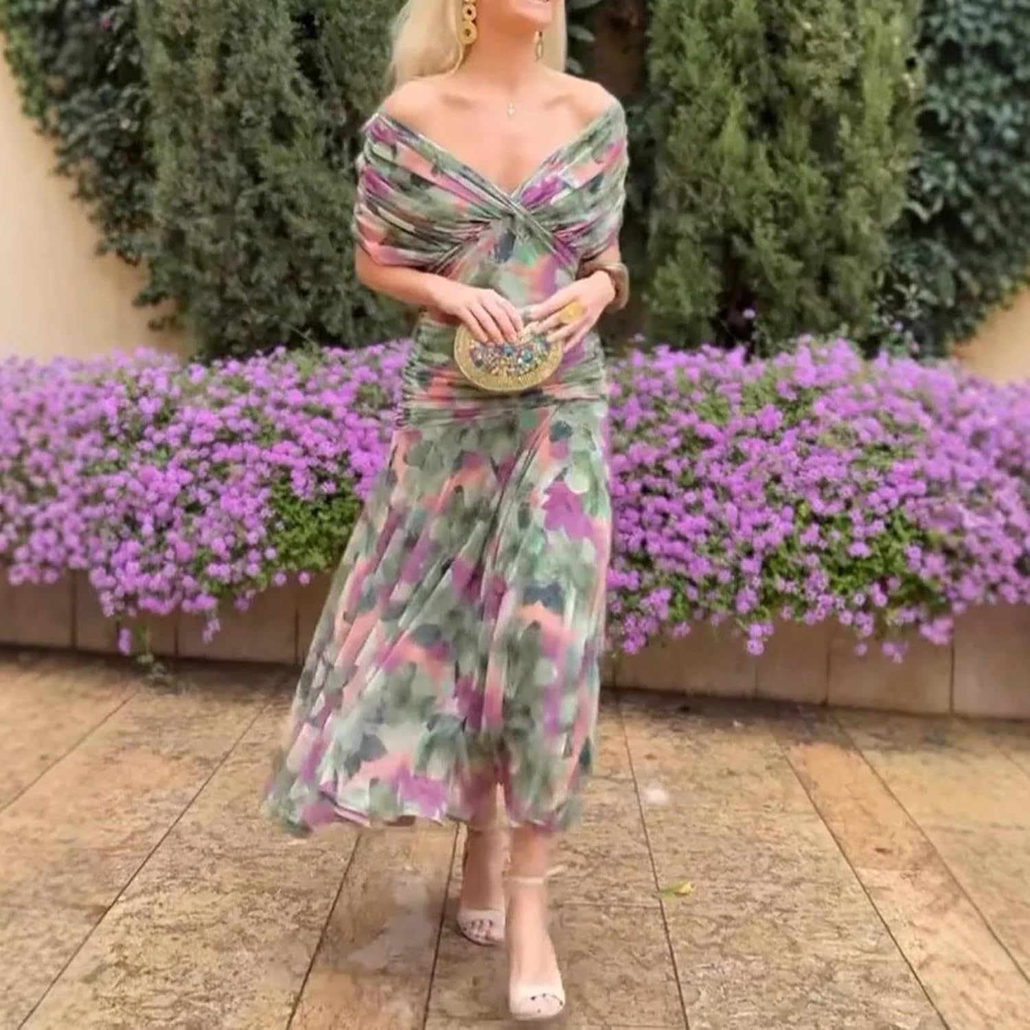 Dámské šaty Olivia – květované koktejlové šaty s odhalenými rameny a vysokým pasem, elegantní