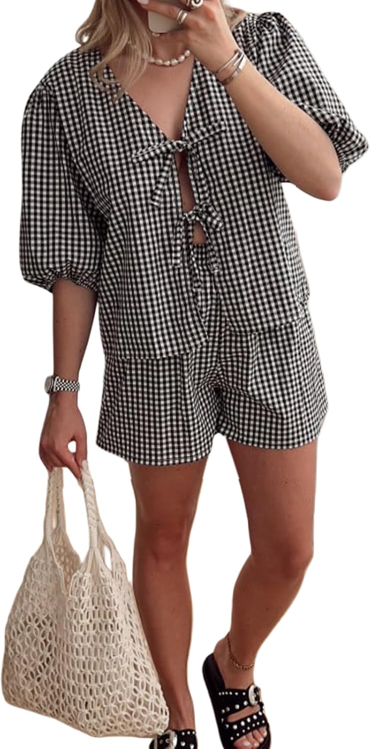 Lolita Ensemble Femme 2 Pièces – Blouse Nouée à Volants et Short Assorti