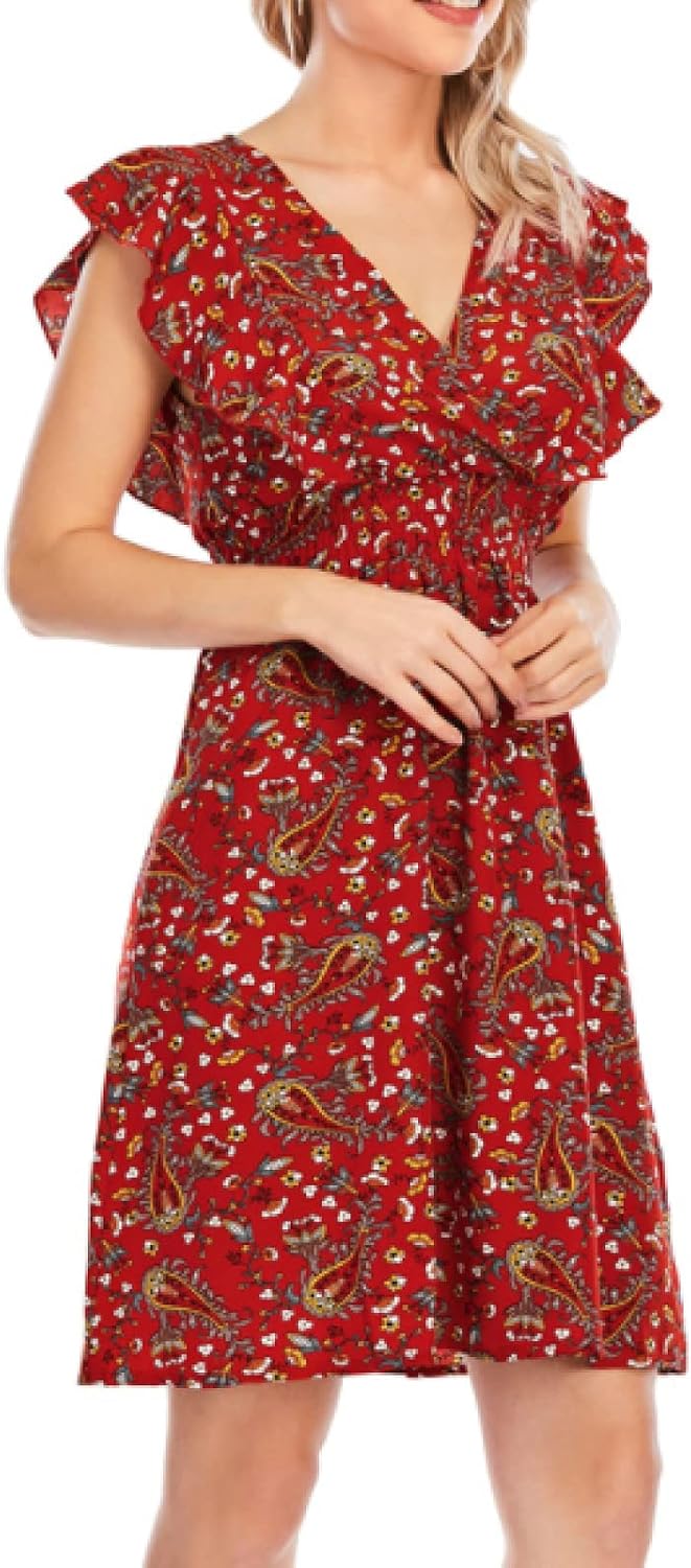 Vestido Mini Ada para Mulher – Musselina Floral com Decote em V e Folhos Vermelho