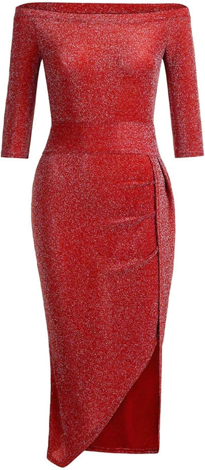 Vestido Mia para mujer – Vestido mini con hombro descubierto, abertura, bodycon brillante para fiesta