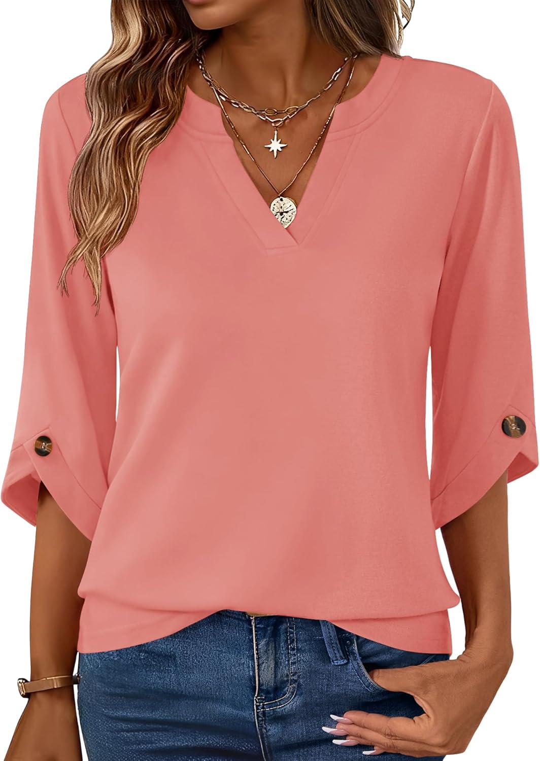 Sophie Blouse Femme – Tunique Élégante à Col V et Manches 3/4 Évasées