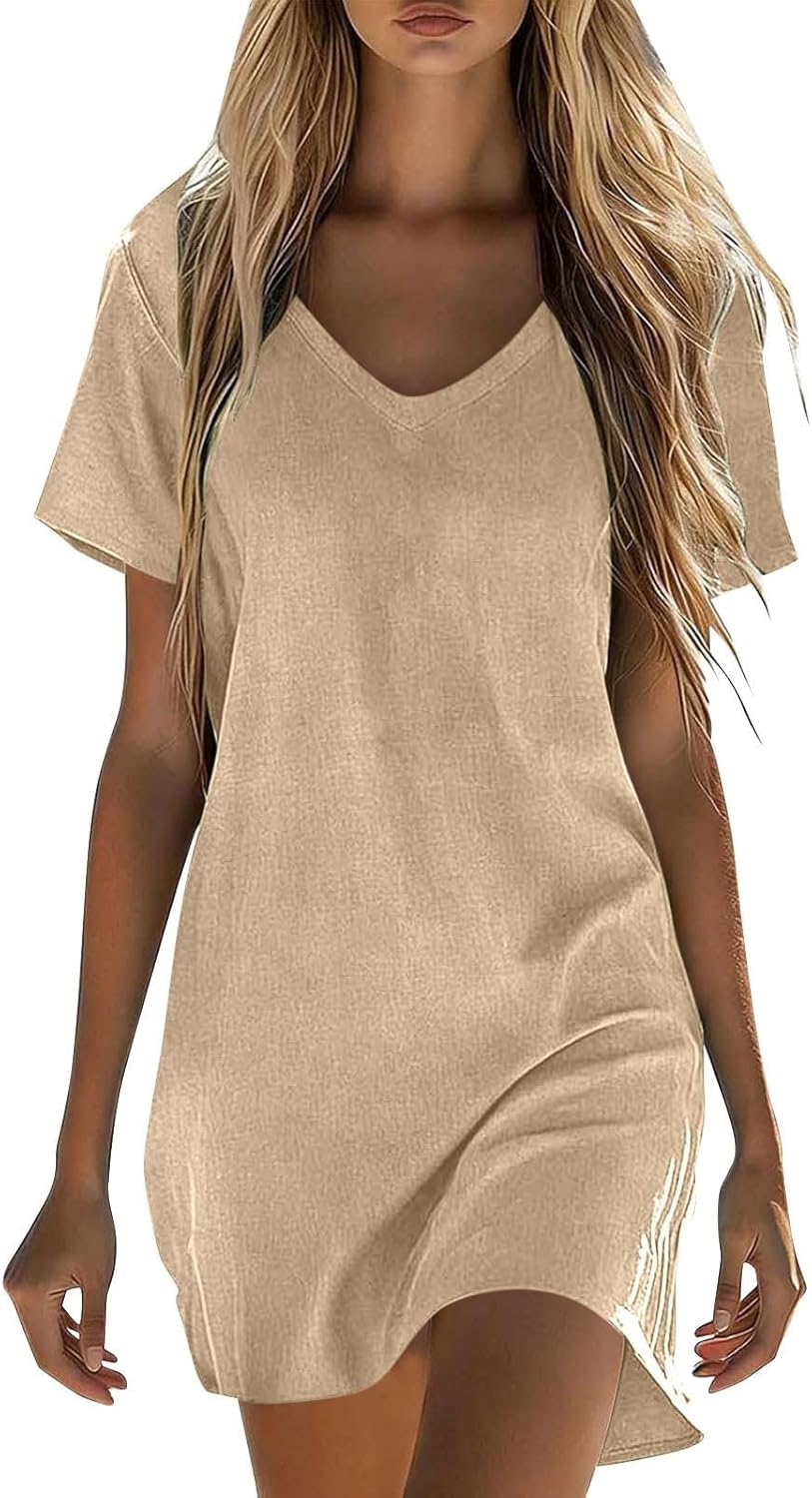 Clara Women's Dress – Linen Mini T-Shirt Dress with Round Neck, Short Sleeves, and Flowing Cut for Summer