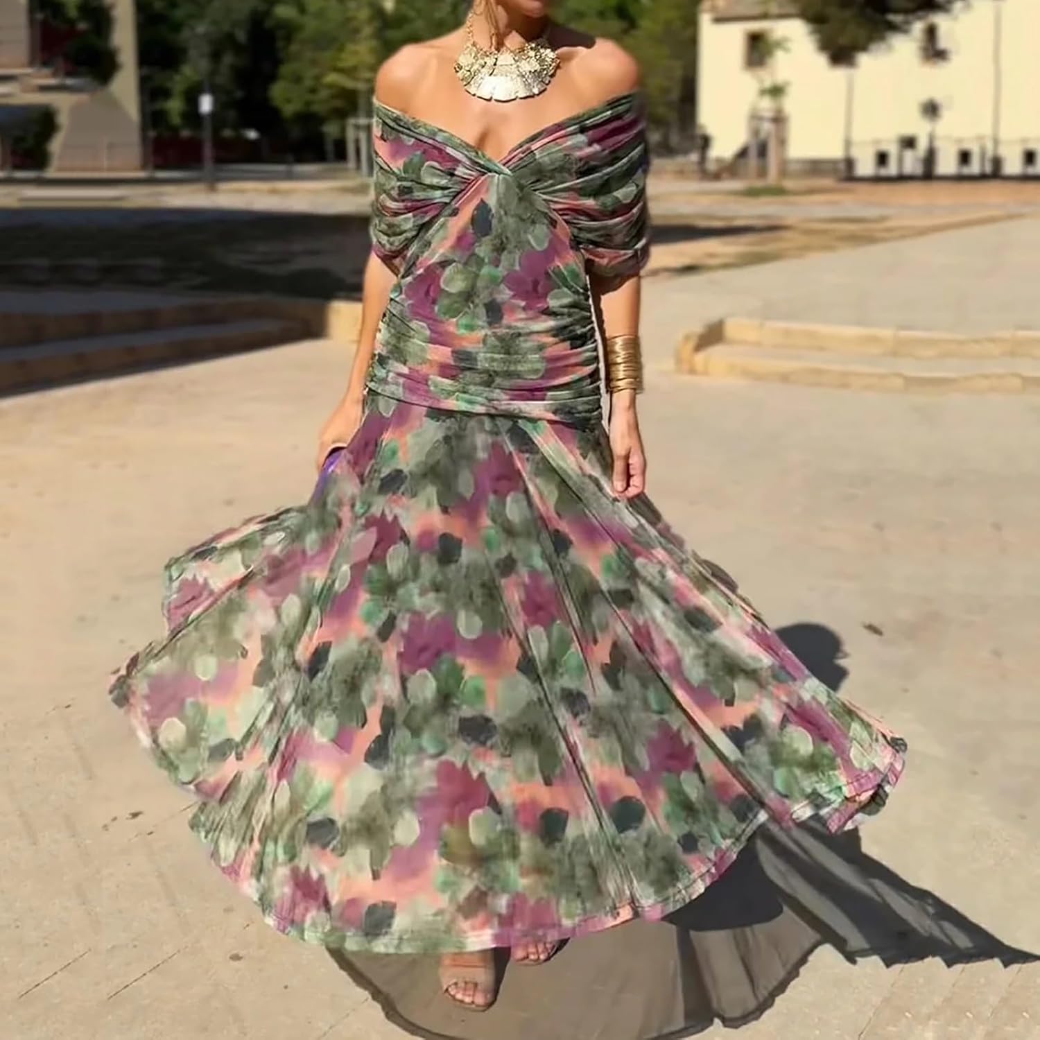 Vestito Olivia Donna – Abito Cocktail Floreale Spalle Scoperte Vita Alta Elegante